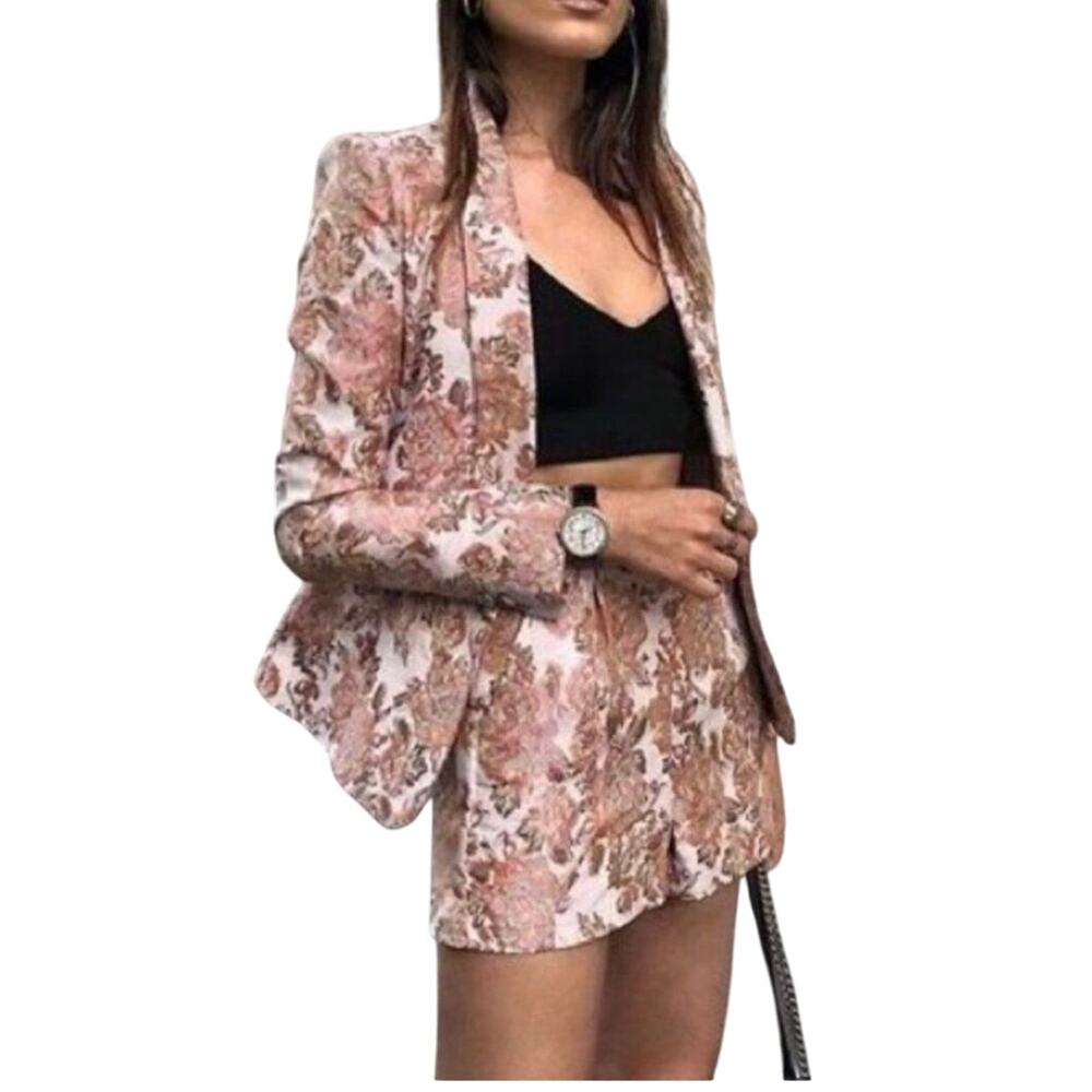 Zara Basic Womens Floral Jacquard Blazer/Shorts Set Size Small Made in Spain